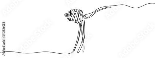 Continuous line, spaghetti rolled on a fork, food illustration Simple art lines on transparent background, editable strokes.