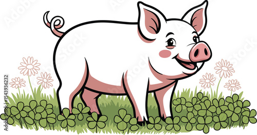 Cartoon pig standing in grass with clover and daisies on a white background