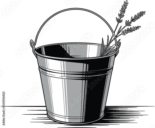 A metal bucket with a handle containing lavender sprigs on a white background