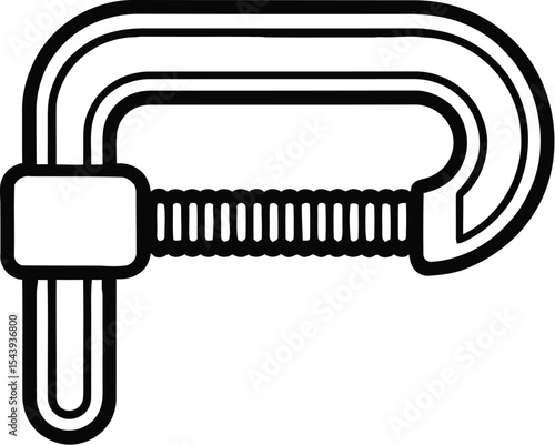 A detailed illustration of a gray metal c clamp on a plain background view
