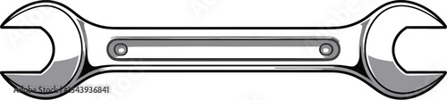 Illustration of a shiny metal wrench with two open ends on a light background