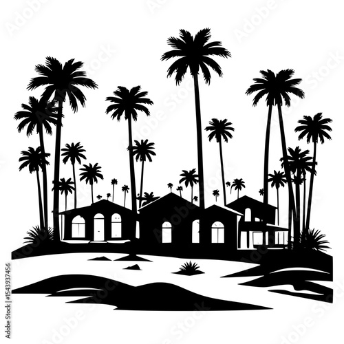Desert oasis silhouette with palm trees and traditional houses, arid landscape design”