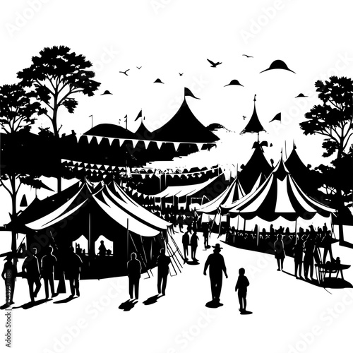 Sketched silhouette of a village fairground with tents and people, festive rural illustration”