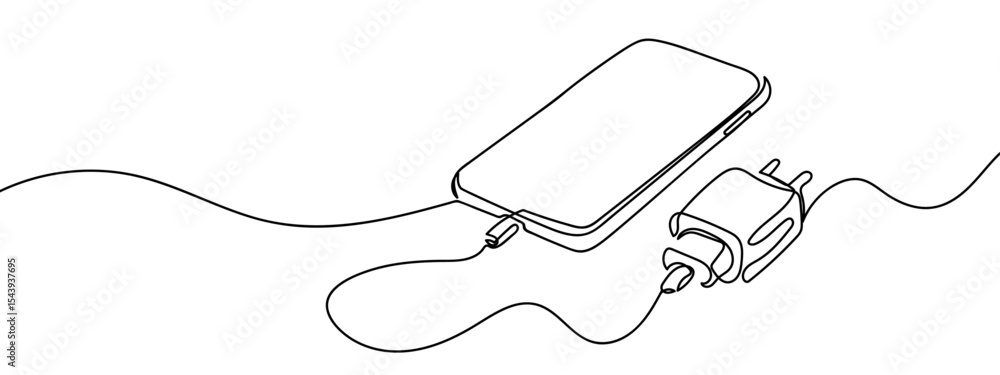 Obraz premium Continuous line, smartphone and charging cable Simple art lines on transparent background, editable strokes.