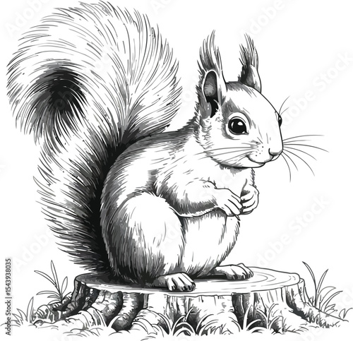 Detailed sketch of a squirrel sitting on a tree stump with a fluffy tail