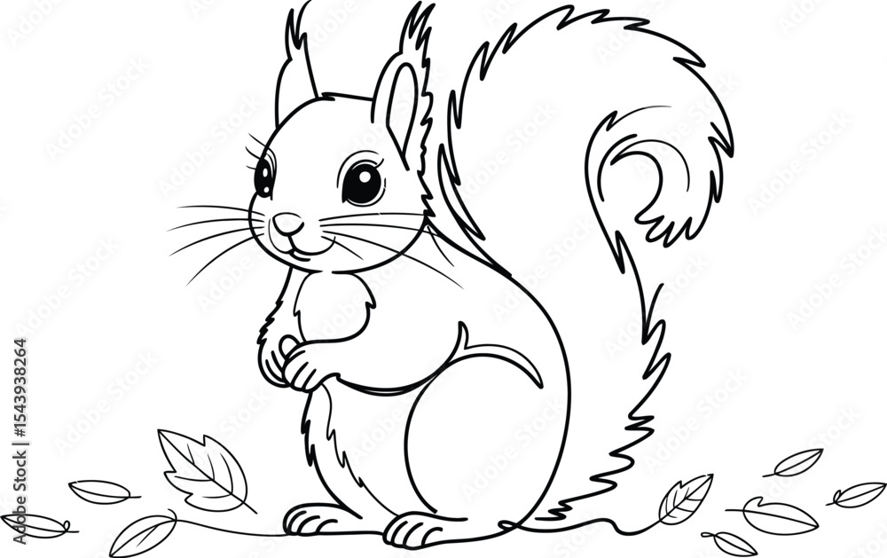 A black and white line drawing of a squirrel with leaves on the ground A black and white line drawing of a squirrel with leaves on the ground