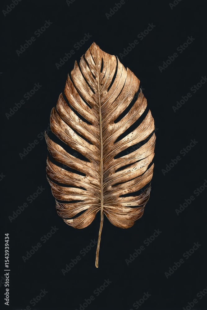 Obraz premium Single bronze-hued tropical leaf, meticulously detailed, isolated against a deep black background