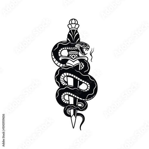 Black Cobra Wrapped Around Dagger Tattoo Design Vintage Style Illustration