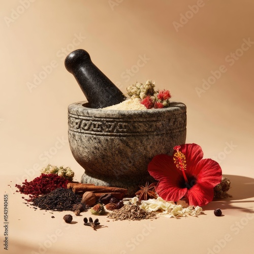 Stone mortar and pestle containing a light-colored powder, surrounded by various dried herbs, spices, and a vibrant red hibiscus flower on a neutral background