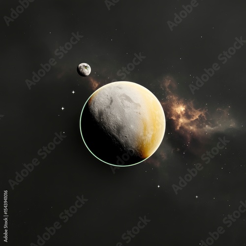 Glowing Planet in Dark Space with Asteroid