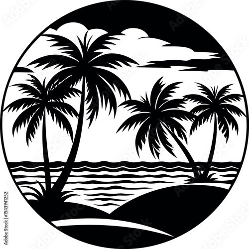 Ocean Sunset With Palm Silhouette Vector Silhouette On White Background
