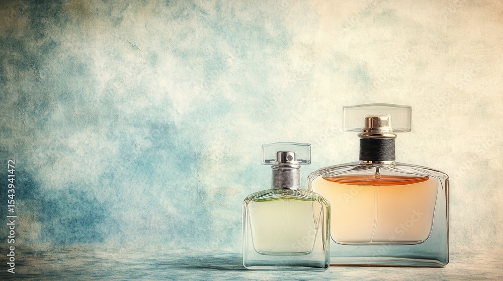 Two elegant perfume bottles on a textured background. Two elegant perfume bottles on a textured background.