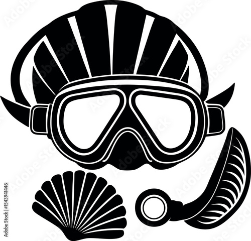 Snorkel Mask And Seashells Vector Silhouette On White Background