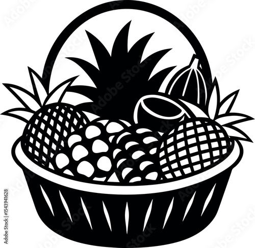 Tropical Basket Of Summer Fruits Vector Silhouette On White Background