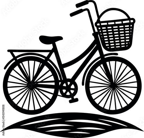 Bike Ride With Beach Basket Vector Silhouette On White Background