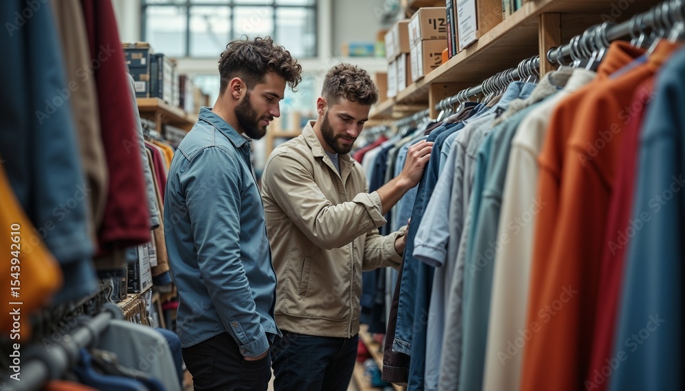 Obraz premium Two young gay friends choosing clothes in fashion store with joyful mood and copy space