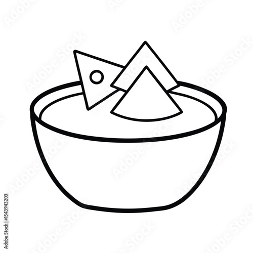 Queso dip bowl with tortilla chips in line art Vector illustration