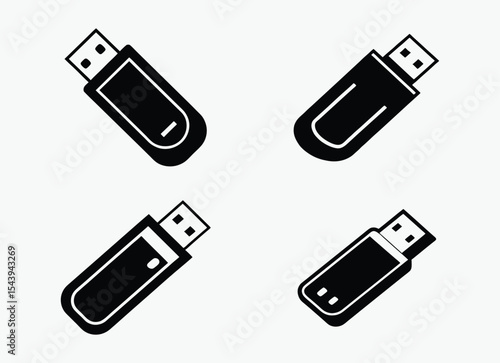 usb flash drive silhouette icon set, black and white silhouette, vector illustration icon