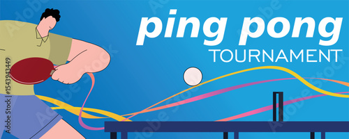 Ping pong tournament, man with racket near tennis table, flat illustration. Vector design poster of table tennis championship, sport, active lifestyle