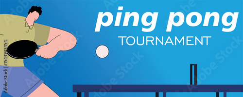 Ping pong tournament, banner, flat vector illustration, man playing table tennis. Sports competition, tennis club, hobby, active lifestyle