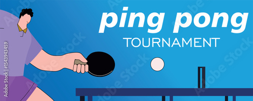 Table tennis training, sports club, hobby, activity. Sports school poster, ping pong tournament, man with racket playing at table tennis, healthy lifestyle
