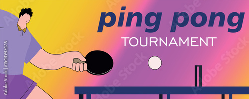 Ping pong tournament banner, vector flat design, man playing table tennis. Poster championship small tennis, racket, tennis table, activity, training
