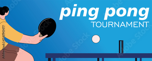 Ping pong tournament poster, horizontal format, flat style, woman playing table tennis. Sportsman with racket at tennis table, professional competitions, racket sports training, sports club