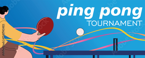 Woman playing table tennis, vector illustration, championship banner. Flat design poster tennis club, ping pong training, racket, tennis table, racket sport