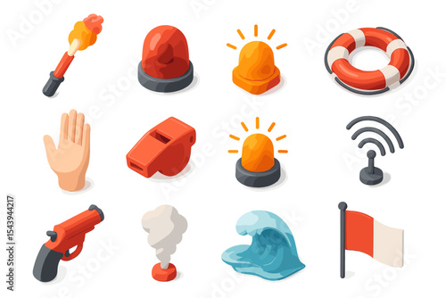 Emergency safety icons: sirens, whistle, life buoy, flare, waves, alert