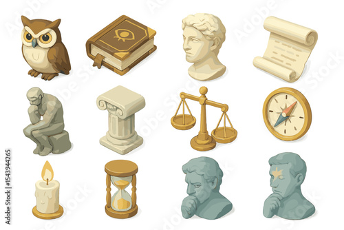 Classical education symbols: owl, books, sculptures, columns, and tools