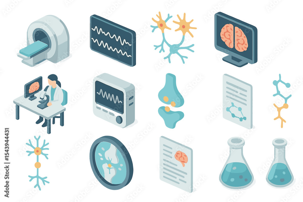 Obraz premium Isometric medical icons: mri, brain, neurons, doctor in lab
