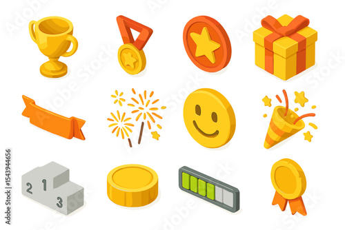 Colorful 3d icons: trophy, medal, star, gift, fireworks, smile, podium, ribbon
