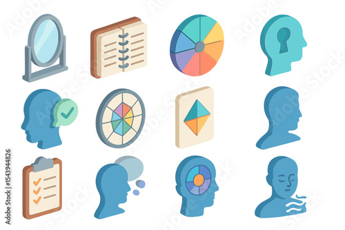 Isometric mental health icons set with mind and wellness symbols