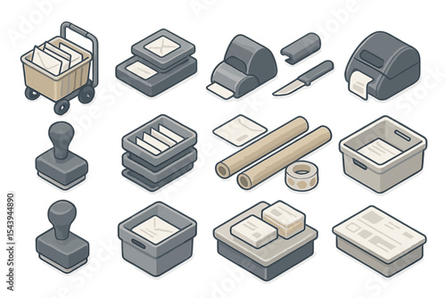 Office supplies icons: stamps, envelopes, baskets, tape, cutters, rolls