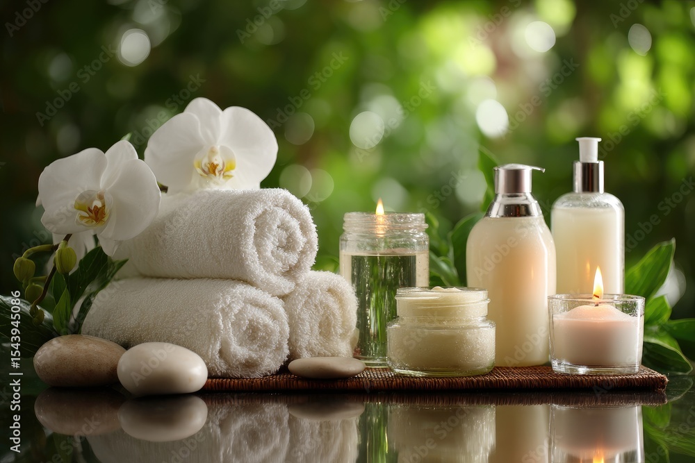 Spa setting with rolled towels, orchids, candles, and lotions reflected on a dark surface against a blurred green background Spa setting with rolled towels, orchids, candles, and lotions reflected on a dark surface against a blurred green background