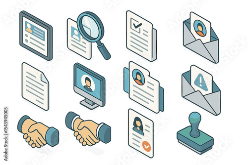 Isometric business icons: documents, emails, handshake, and more