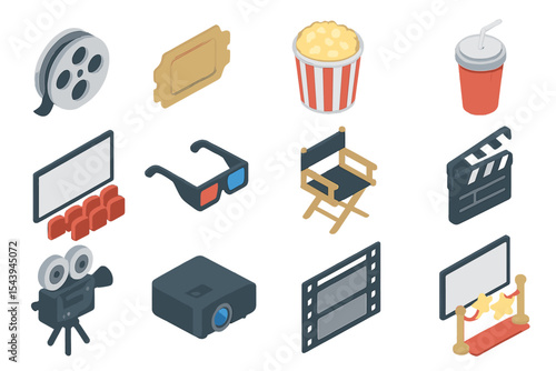 Movie icons set featuring popcorn, film reel, 3d glasses, camera, and director's chair