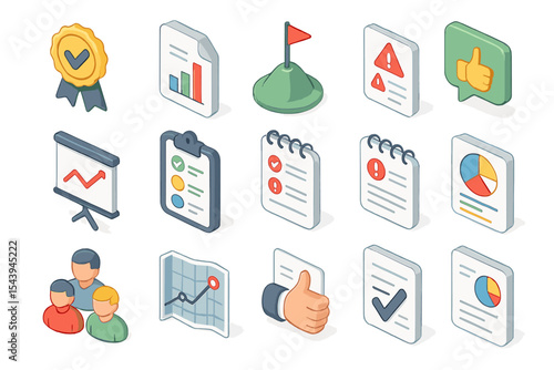 Isometric business icons for analytics and performance evaluation