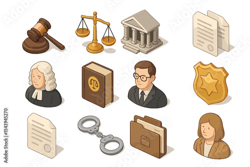 Legal icons collection featuring judge, lawyer, courthouse, and justice symbols