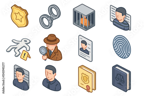 Crime investigation icons set: detective, handcuffs, fingerprint, jail, police badge