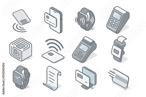 Isometric icons of contactless payment devices and wearable technology