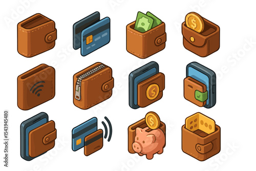 Isometric wallets and payment methods icons set with money and coins