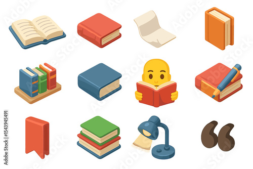 Colorful 3d book icons and reading emoji in soft glow