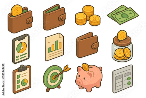Financial icons set: wallet, coins, cash, piggy bank, charts, targets