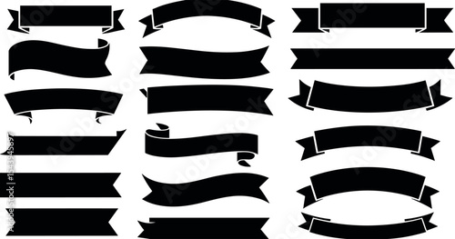 Black banner, ribbon silhouette vector set. Perfect for title, decoration, design. Editable, customizable. Bold shapes, modern to vintage styles. Straight edged, curved, waved designs