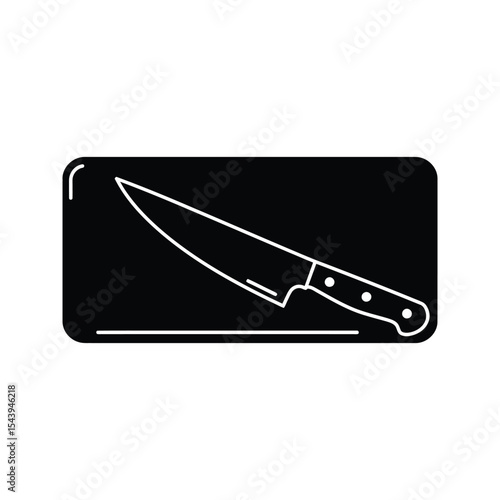 Chefs Knife on Cutting Board  Black and White Icon Graphic