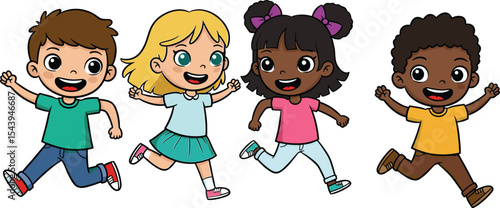 Children playing outdoors, joyful kids activity, running and jumping pose, colorful illustration vector, fun childhood moment, happy character design, playful cartoon scene