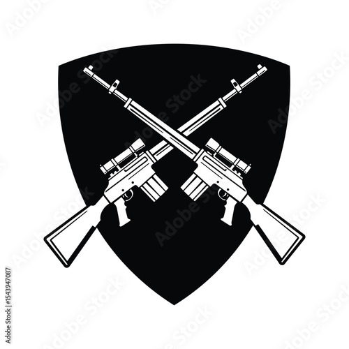 Crossed Sniper Rifles with Scopes on Black Shield Military Hunting Emblem Design