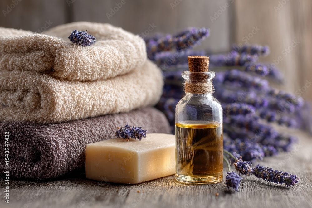 Stacked beige and brown towels, a bar of soap, a small bottle of essential oil, and lavender sprigs arranged on a rustic wooden surface Stacked beige and brown towels, a bar of soap, a small bottle of essential oil, and lavender sprigs arranged on a rustic wooden surface