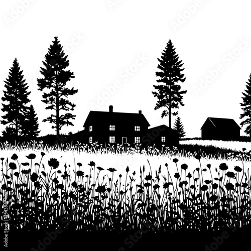 Meadow and wildflowers silhouette surrounding wooden farmhouse, organic nature art”